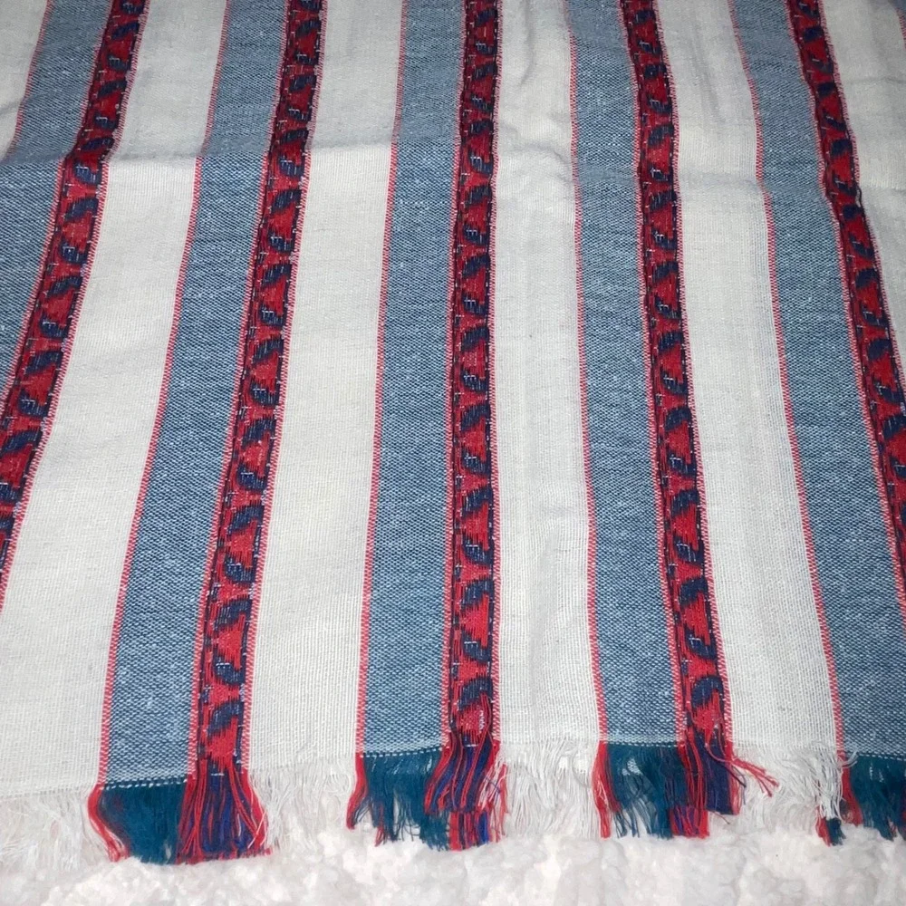 Alliance Merchandising Cotton Silk Striped Wrap Scarf Blue‎ Red Cream Fringe